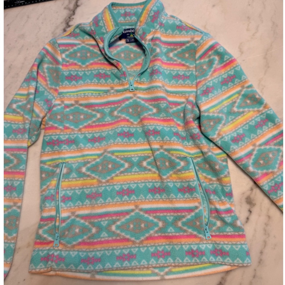 Chubbies Womens Fleece Quarter Zip Pullover Teal Geometric Aztec Print Small